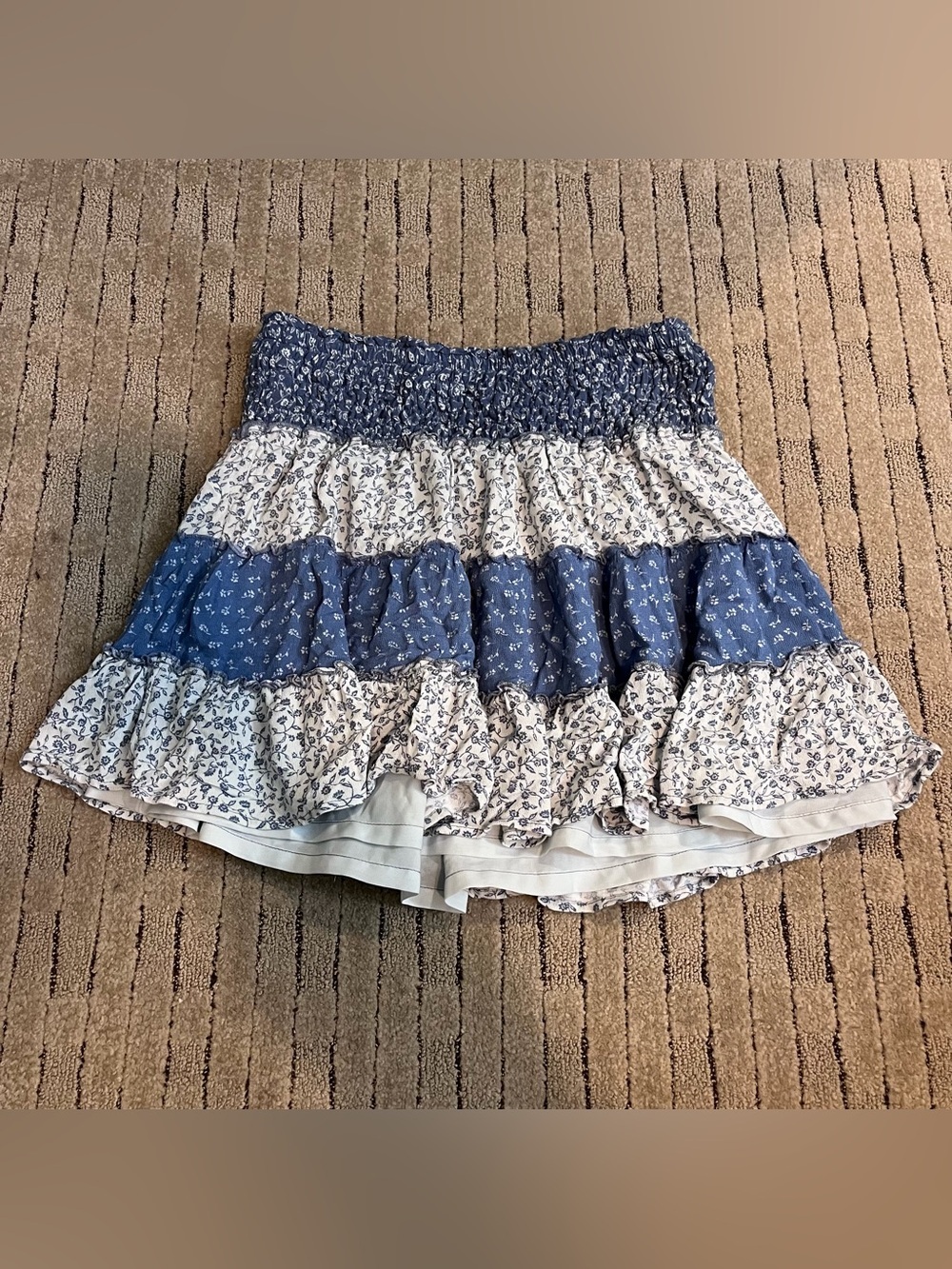 American Eagle Outfitters Blue and White Tiered Smocked Mini Skirt